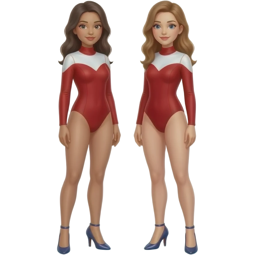 Two Woman in long sleeve red and white leotard wearing high heels and standing in water emoji