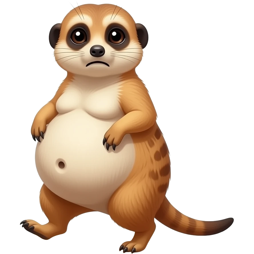 A female Meerkat now wants to give a try to walk,but with her full belly so big she has to hold it up off the ground,it is a guessing game if she is gonna all the way home ,but she knows she is just fat,her bellybutton makes agreement with clues. emoji