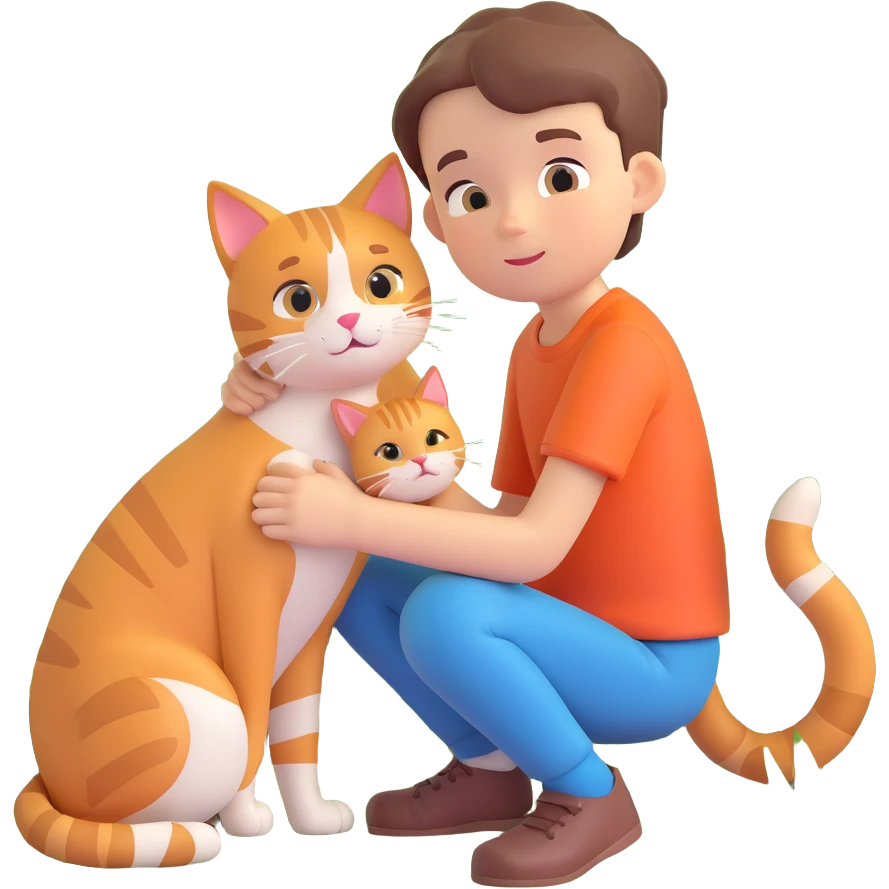 boy and cat pet in forrest background, close up pose emoji