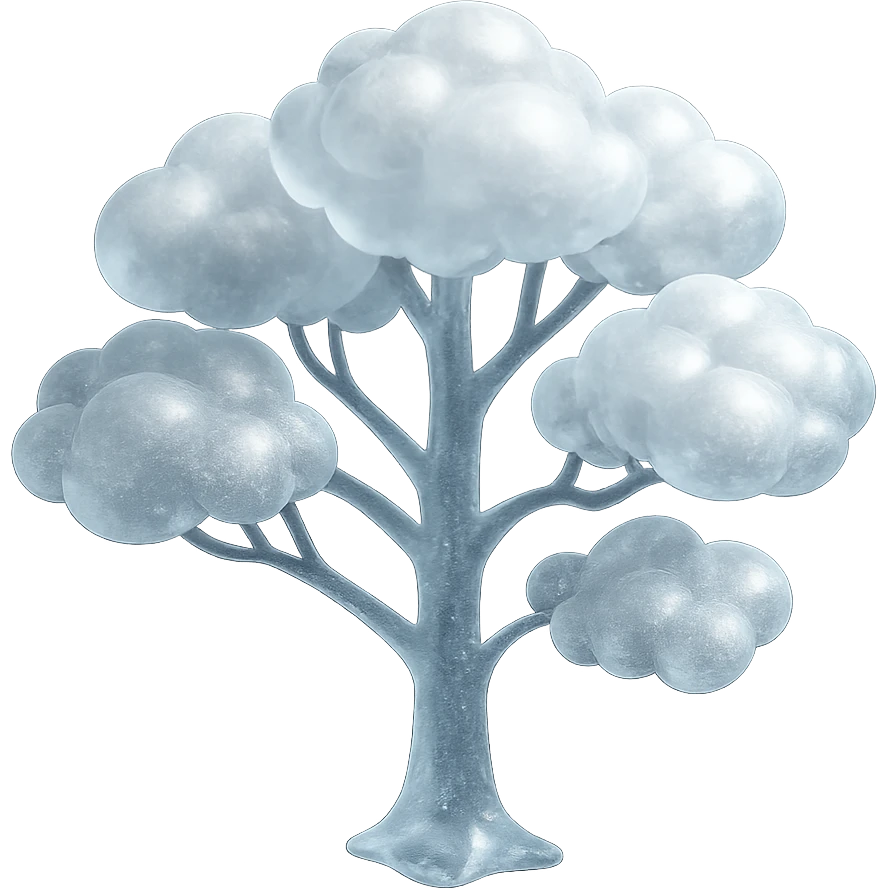 one tree with many branches and a white trunk, crown made of small very bright white fluffy convex clouds, matte glass style emoji