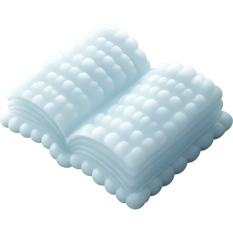 top view of a thick open book made entirely of small, very bright white fluffy convex clouds, matte glass style emoji