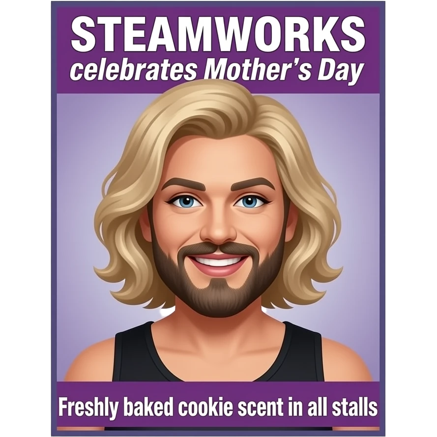 Poster for SteamWorks gay bathhouse with the text: "SteamWorks, celebrates Mothers Day" + "Freshly baked cookie scent in all stalls." With bearded drag queen mom, no women  theme. emoji
