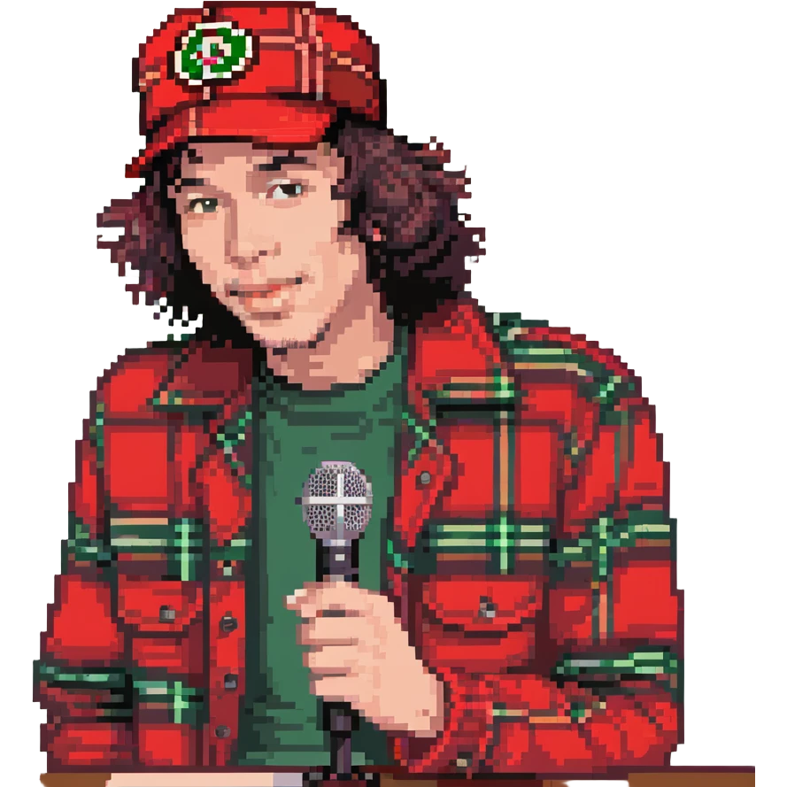 Nardwuar with red plaid hat interviewing emoji
