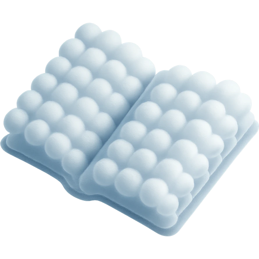top view of a thick open book made entirely of small, very bright white fluffy convex clouds, matte glass style emoji