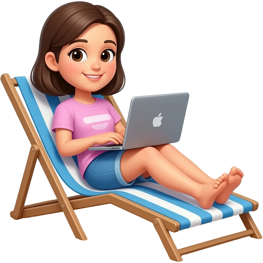 Девушка на лежаке на пляже с ноутбуком emoji