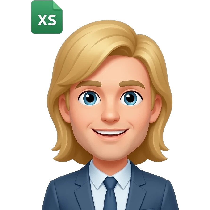 master data specialist with xls csv xml sheets around his head , blond long hair emoji