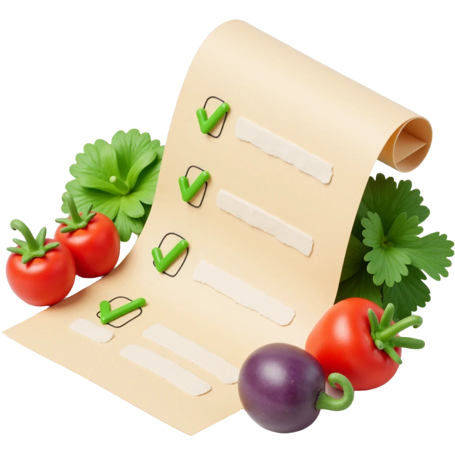 floating rolled paper list with green checkboxes and around vegetables emoji