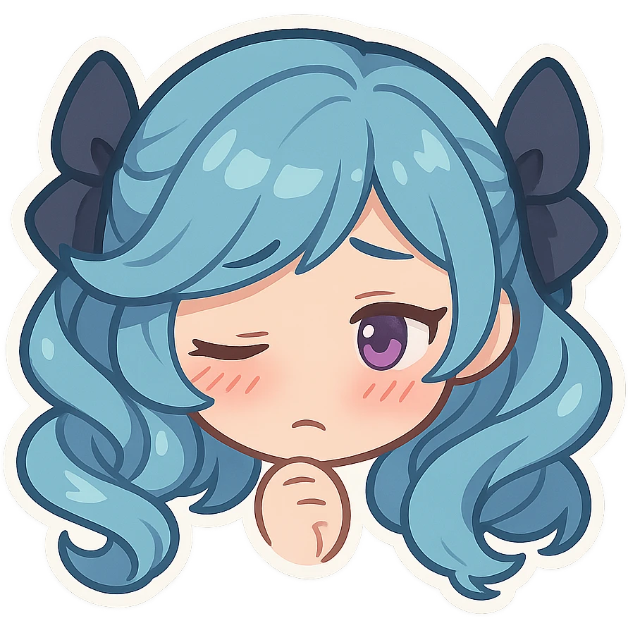 Gwen from League of Legends, chibi emote style, only head visible, right eye purple, shy expression, eyes averted, cute and expressive emoji