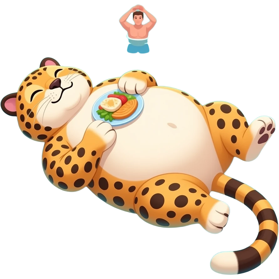 A cheetah enjoys beach holiday in her swimmers,but she is so full from a lunch break that she is about to burst,Then her fat Tummy rolls & drops out,she will just lay on her back in the shallow cool water,her gluttonous belly promotes a good resort business. emoji