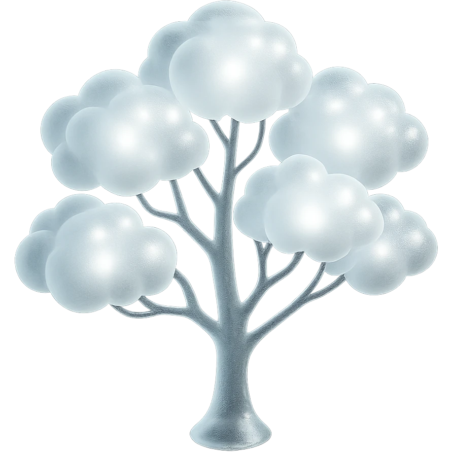 one tree with many branches and a white trunk, crown made of small very bright white fluffy convex clouds, matte glass style emoji
