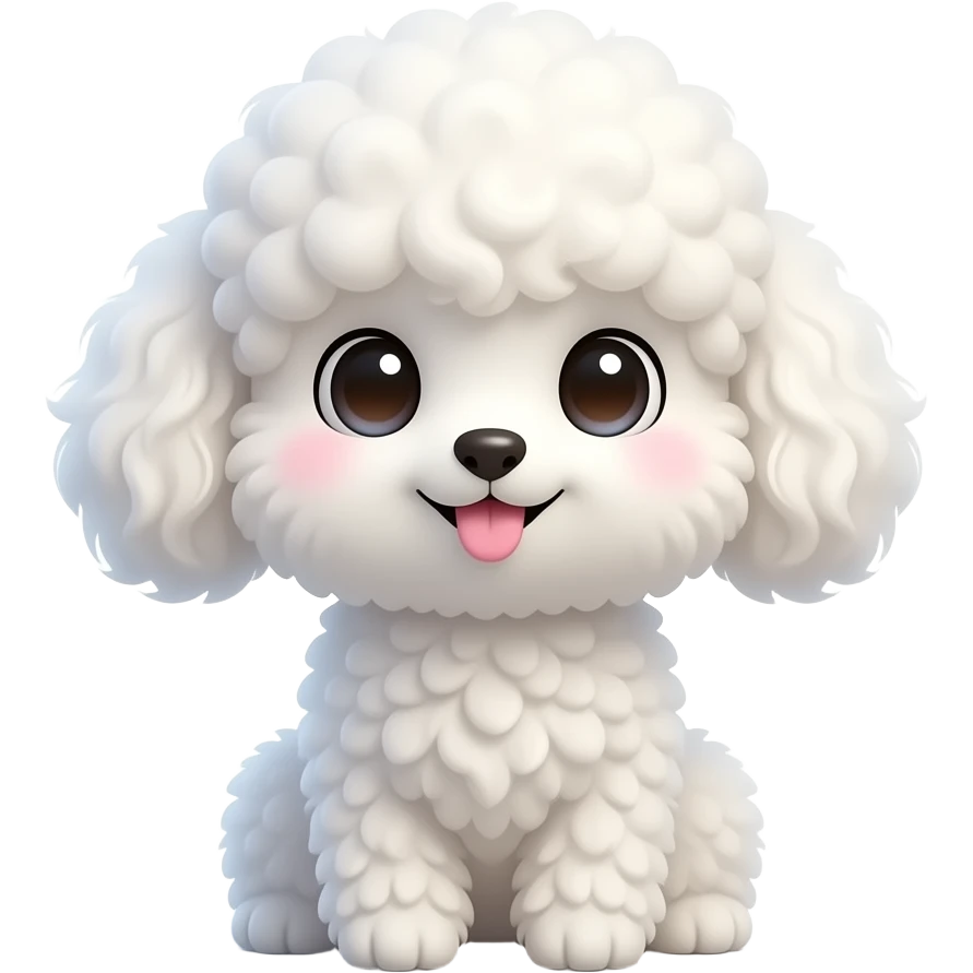 Rabbit A cute fluffy white toy poodle sitting on a soft, huge sparkling eyes, curly fluffy fur, tiny pink tongue sticking out, cozy warm lighting, ultra adorable expression, detailed fur texture, soft shadows, kawaii aesthetic, high quality, centered composition emoji