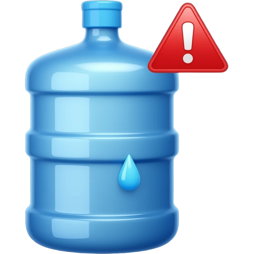 3D emoji icon, a large empty blue plastic water cooler bottle, a single small water drop drying up, a subtle red alert exclamation mark, clean soft lighting, glossy texture, isolated on dark background, UI icon design, smooth rendering, 8k, --v 6.0 --ar 1:1 emoji