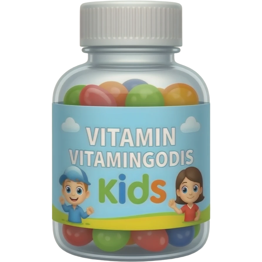 bottle with vitamin gummies för kids with a label on it that says "VITAMINGODIS" emoji
