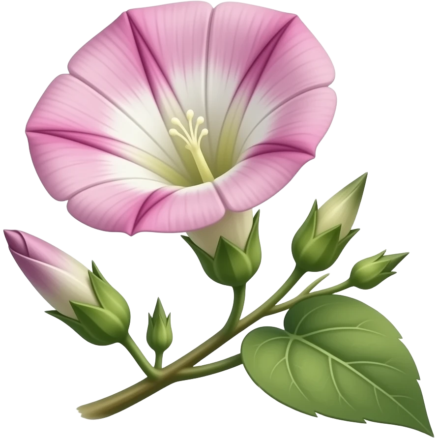 Realistic close-up of a field bindweed flower: soft pink fading to white, fine veins, delicate stamens; green leaves and dry seed pods nearby; soft natural light, blurred greenery background emoji