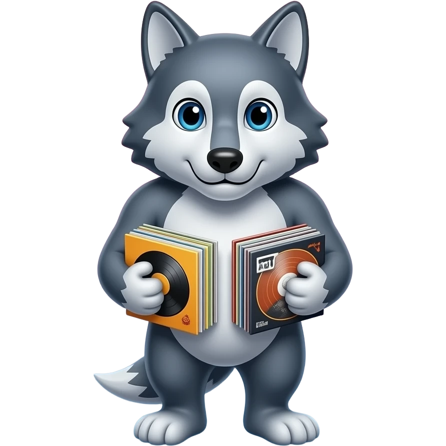 rocky wolf with rock music albums in his hands rounded square outter form gradients emoji