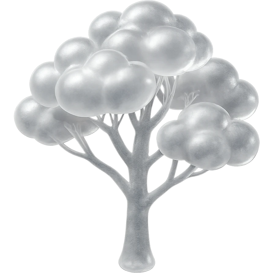 one tree with many branches and a white trunk, crown made of small very bright white fluffy convex clouds, matte glass style emoji