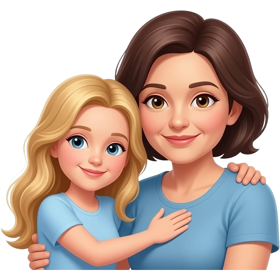 Blonde long hair adult daughter hugging her older Mom with dark brown short hair and a thought bubble over daughter’s head with words saying Best Mom Ever! emoji