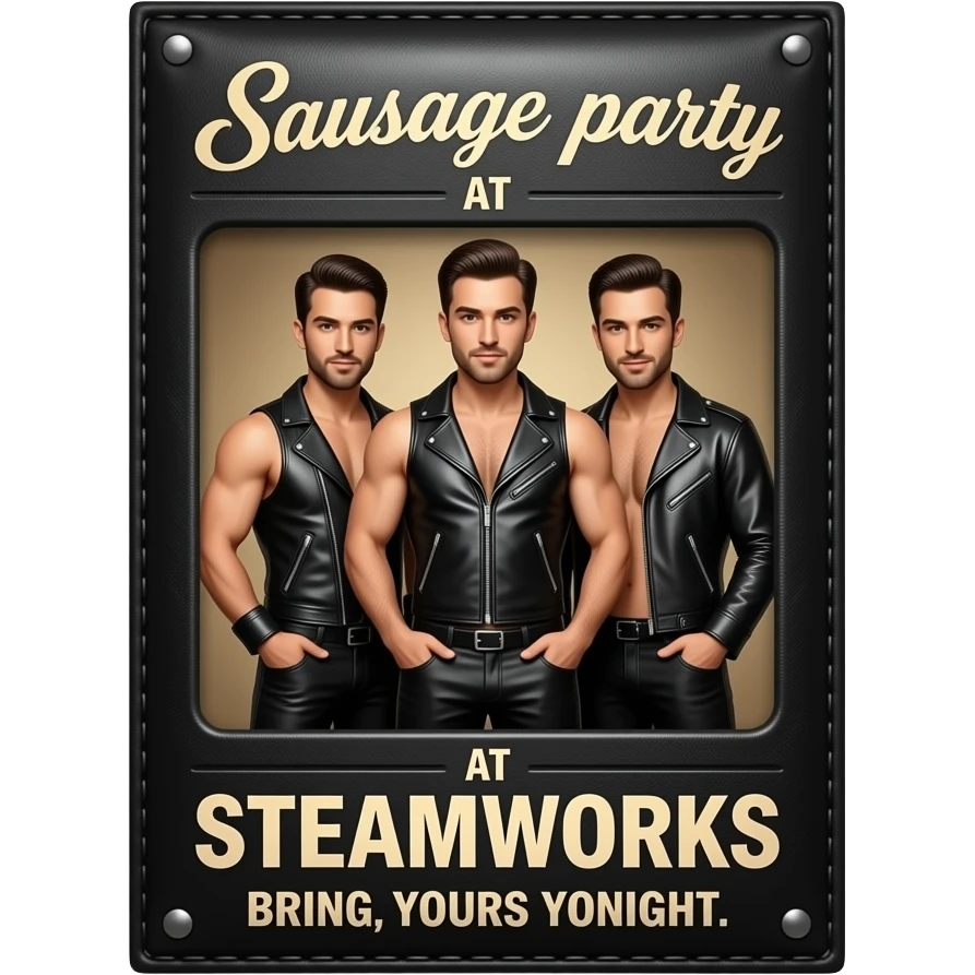 Poster "Sausage party at SteamWorks, bring yours tonight." In a gay male leatherman theme. emoji