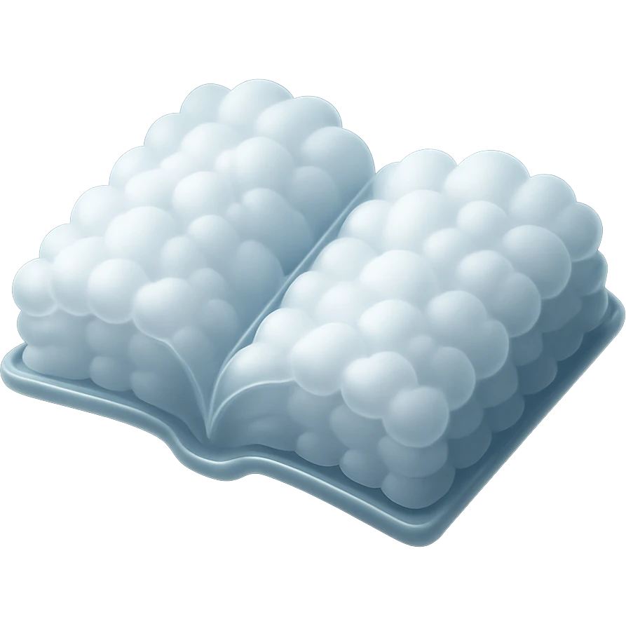 top view of a thick open book made entirely of small, very bright white fluffy convex clouds, matte glass style emoji