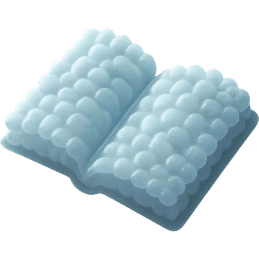 top view of a thick open book made entirely of small, very bright white fluffy convex clouds, matte glass style emoji