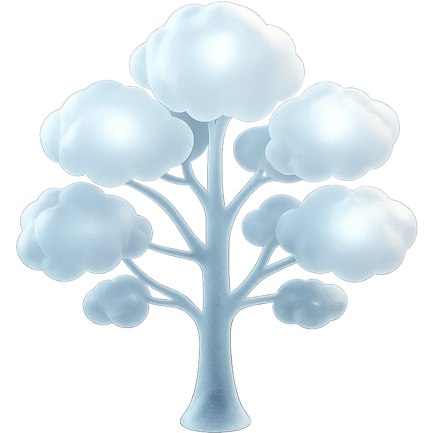 one tree with many branches and a white trunk, crown made of small very bright white fluffy convex clouds, matte glass style emoji