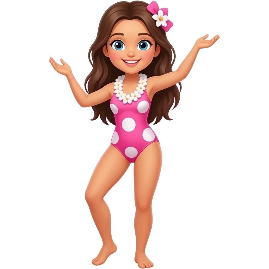 3d style photo in the sunset beach A pink Mrs girl dancing hawaiian wears a pink white Brown hair and pink dots in white gradient swimsuit white dots and pink big dots and white pink gradient corals and starbucks one piece swimsuit emoji