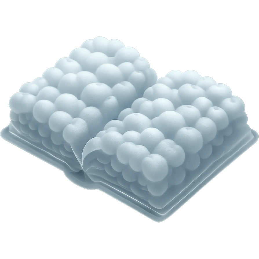 top view of a thick open book made entirely of small, very bright white fluffy convex clouds, matte glass style emoji