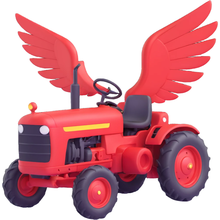 tractor with a smiling face and flying wings, 3D emoji style emoji