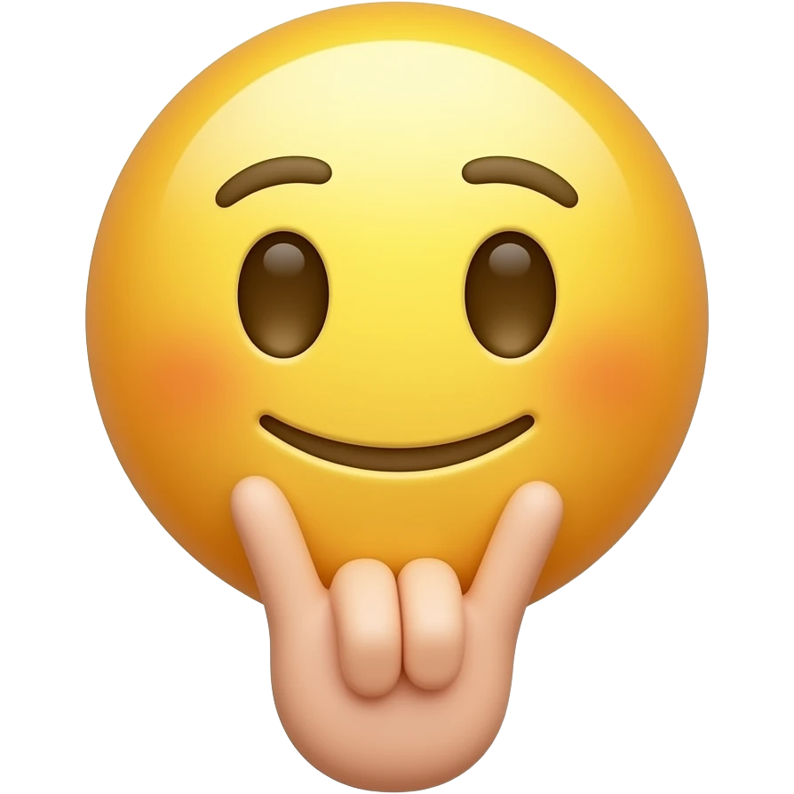 iOS-like 3D emoji face, hand under the chin making a V pose with two extended fingers, four visible fingers total, thumb hidden, cute calm expression, glossy soft texture, white background, centered. emoji