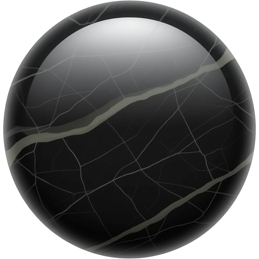 A glossy 3D emoji-style icon made of black onyx stone, smooth polished surface with subtle natural stone veins, deep black and dark gray tones, reflective highlights, centered composition, soft studio lighting, minimal background, high-end Apple emoji style, ultra-detailed, 4k render emoji