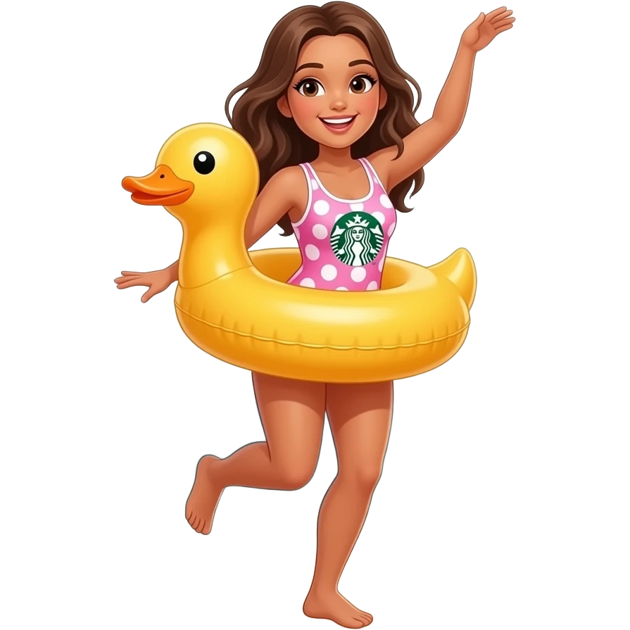Wearing a duck floatie photo in the stone age sunset beach A pink Mrs girl dancing pink caveman hawaiian wears a pink white Brown hair and pink dots in white gradient swimsuit white dots and pink big dots and white pink gradient corals and starbucks one piece swimsuit emoji