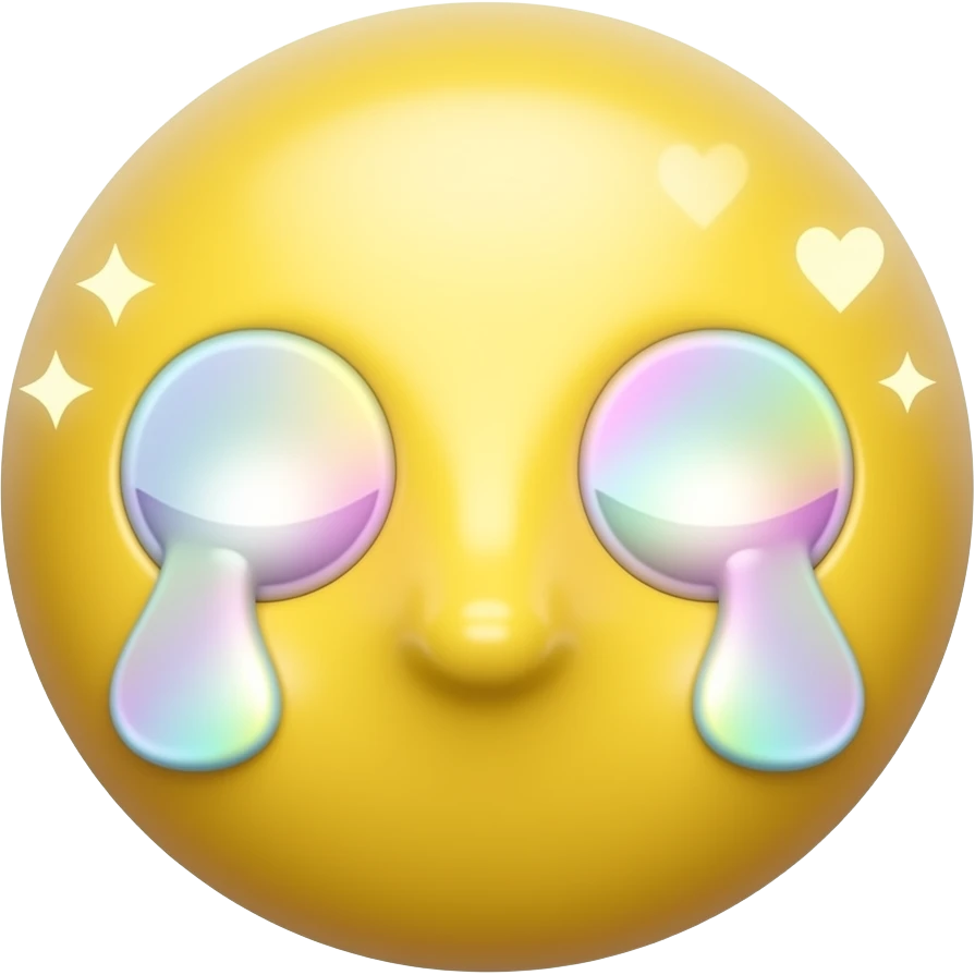 Sleepy yellow emoji face with glossy droopy eyes, pastel holographic glow, tiny floating stars and hearts, dreamy soft lighting, cute emoji sticker aesthetic emoji