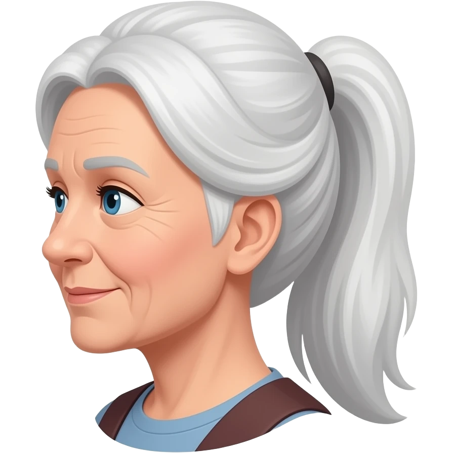 An old lady with her long white hair gathered into a ponytail. emoji