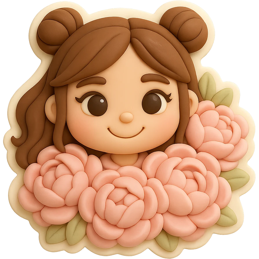 3D chibi fondant cake art style, high-quality rendering with smooth shadows and soft gradients. Girl based on reference image with preserved facial features and exact eye shape, long brown hair in two space buns, brown eyes, thick white outline like a sticker, transparent background. Her smiling head is surrounded by a massive bouquet of soft pink peonies, only her face visible among the flowers. Ensure the face and eye shape match the reference exactly. emoji