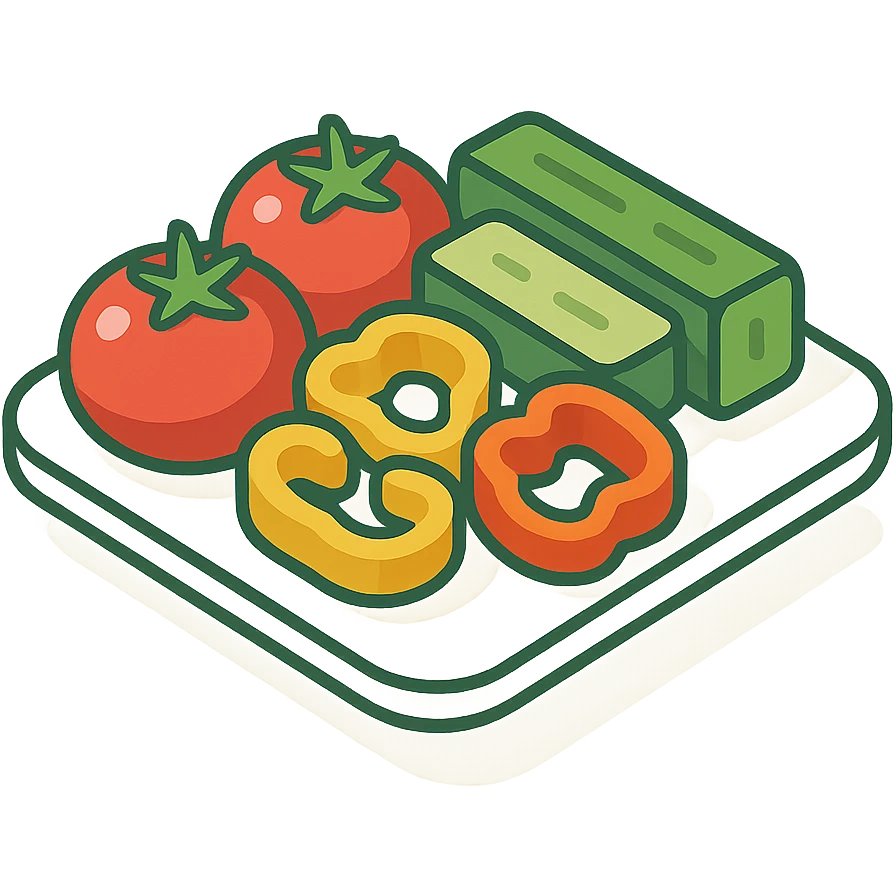 a plate with assorted vegetables including tomatoes cucumbers and bell peppers in 2D isometric illustration style emoji