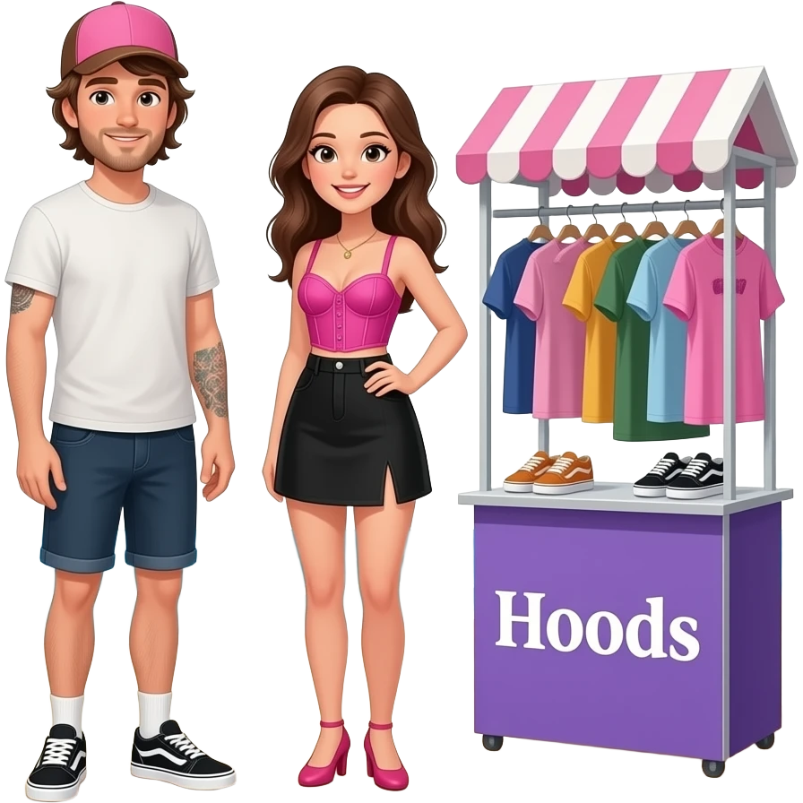 Pop up vêtements"Hoods" sur la plage. Homme cheveux mi long et bras droit tatouages. Vans et casquette rose et marron von dutch. Petite femme brune cheveux long. Jupe courte noire et bustier rose fushia emoji