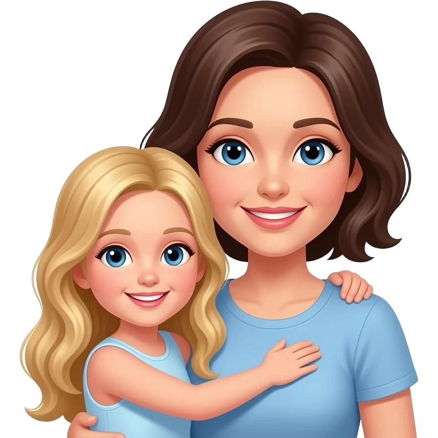 WBlonde long hair daughter hugging her Mom with dark brown short hair and a thought bubble over daughter’s head with words saying Best Mom Ever! emoji