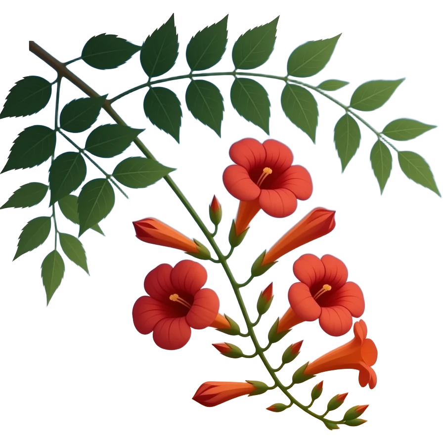 Realistic image: Campsis at dusk, tubular red‑orange flowers, pinnate ...