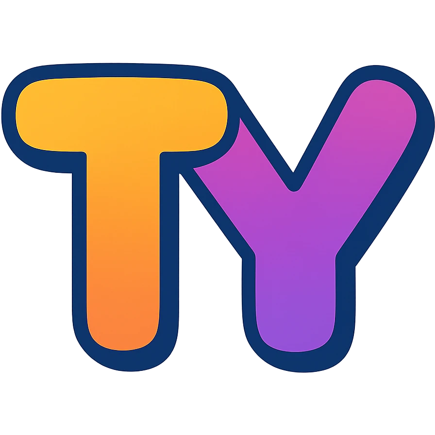 bold TY letters in a rounded, friendly font with gradient color fill ...