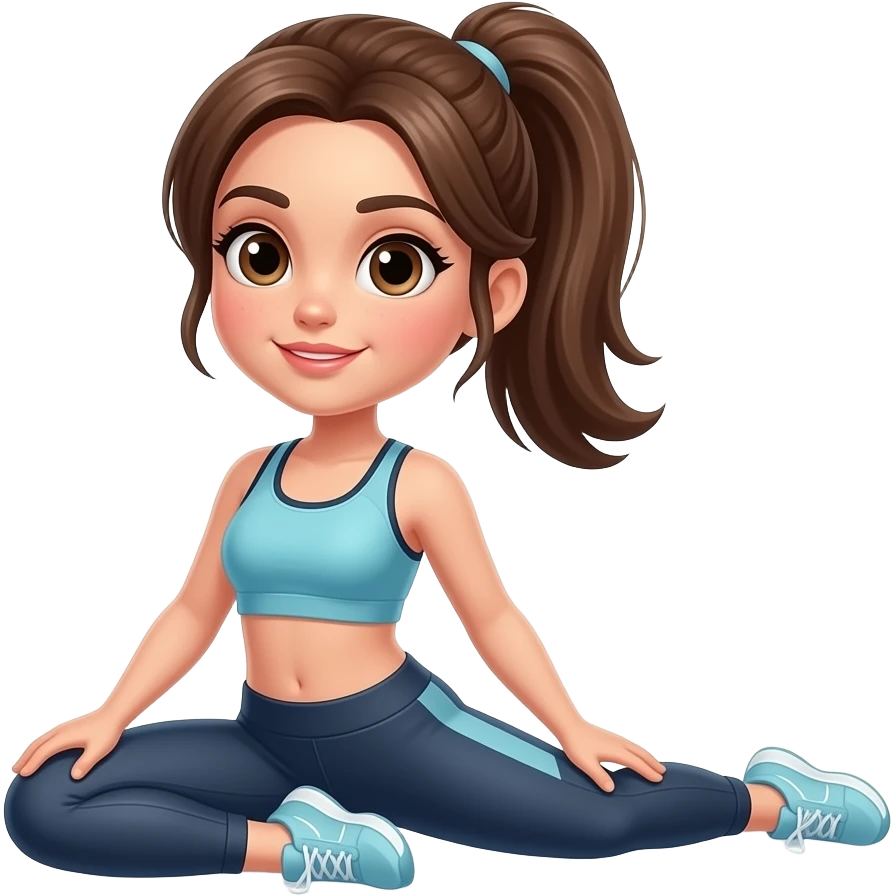 Girl with brown hair in a ponytail and brown eyes wearing workout clothes doing the splits emoji