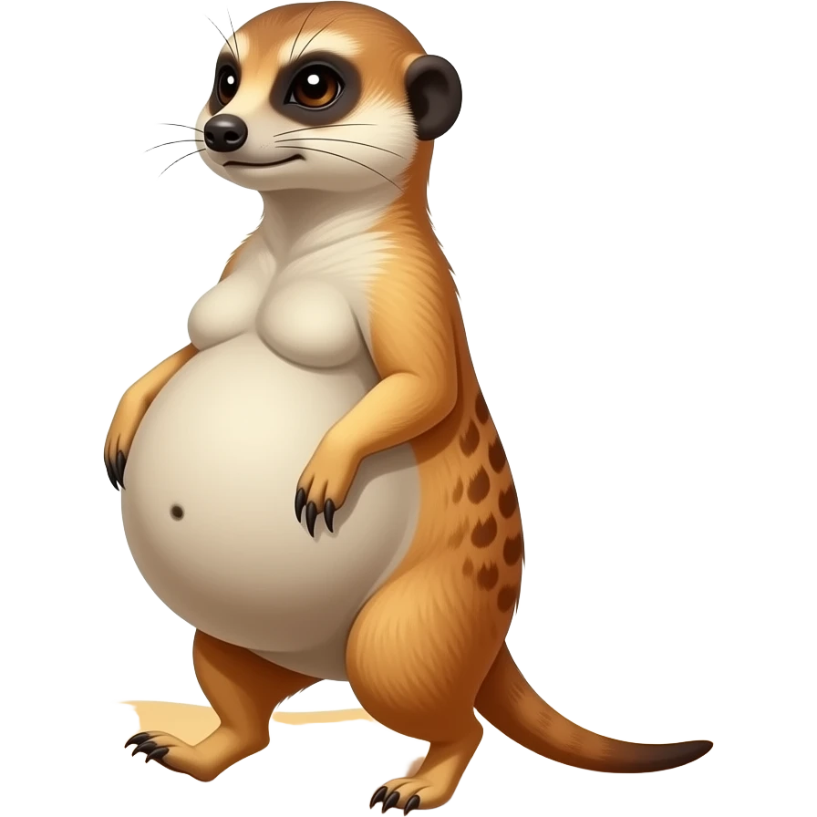 A female Meerkat now wants to give a try to walk,but with her full belly so big she has to hold it up off the ground,it is a guessing game if she is gonna all the way home ,but she knows she is just fat,her bellybutton makes agreement with clues. emoji