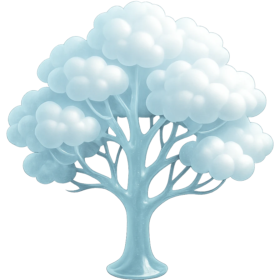 one tree with many branches and a white trunk, crown made of small very bright white fluffy convex clouds, matte glass style emoji