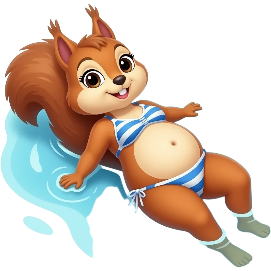 The female squirrel enjoys the beach holiday in her swimmers,but she is so full from a lunch break that she is about to burst,Then her fat Tummy rolls & drops out,she will just lay on her back in the shallow cool water,her gluttonous bellybutton promotes a good resort business. emoji