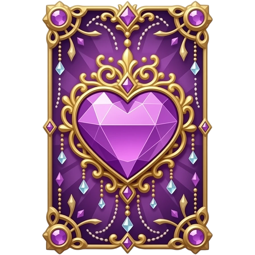 tarot card with purple diamond heart, beautifully ornamented and embellished emoji