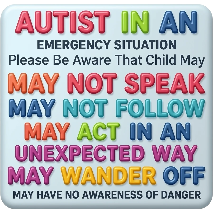Primary Color Bubbly Cute Relief Primary Colors Girly font Scribbly Font that says "AUTIST IN AN EMERGENCY SITUATION  Please Be Aware That Child May MAY NOT SPEAK  MAY NOT FOLLOW INSTRUCTIONS  MAY ACT IN AN UNEXPECTED WAY  MAY WANDER OFF  MAY HAVE NO AWARENESS OF DANGER" emoji