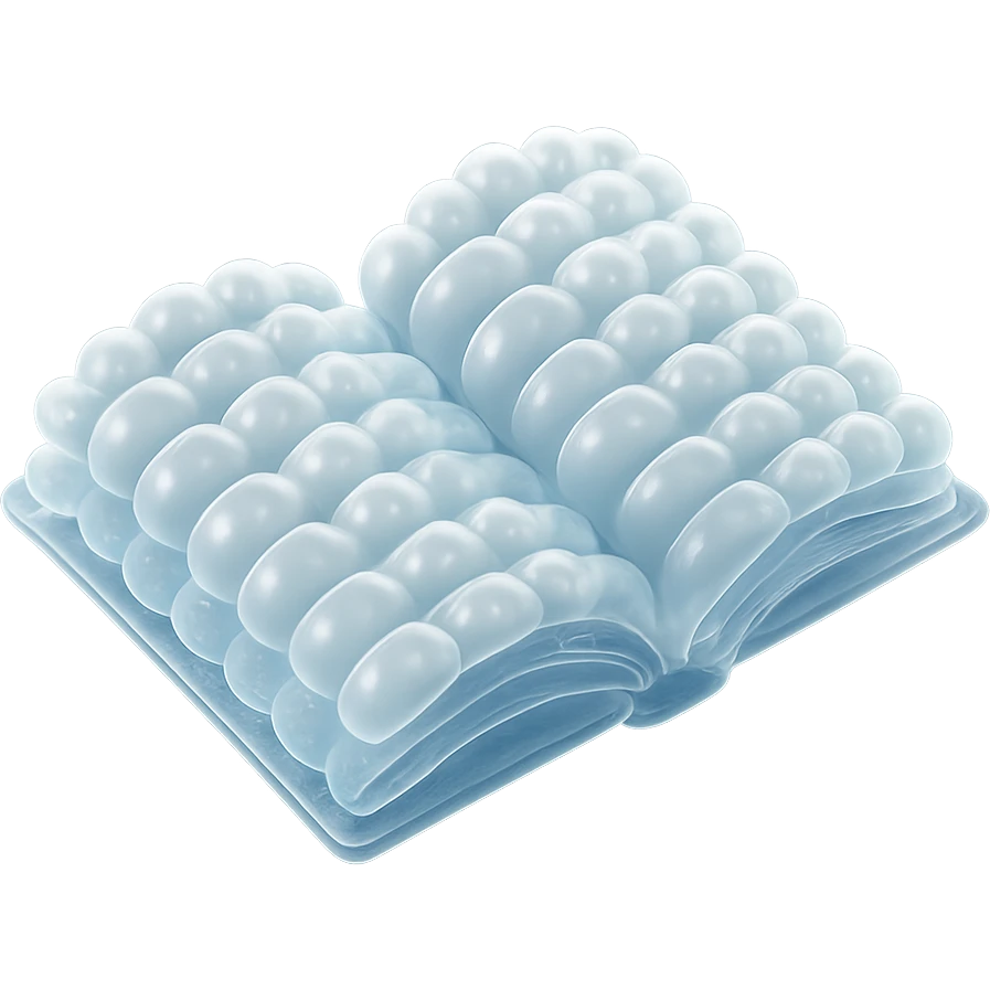 top view of a thick open book made entirely of small, very bright white fluffy convex clouds, matte glass style emoji