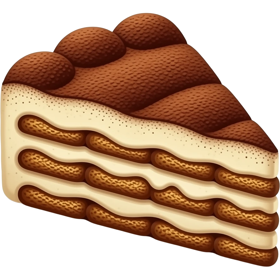 A triangular piece of tiramisu with alternating layers of coffee-soaked ladyfingers and creamy filling, topped with cocoa powder dusting, soft 3D lighting, isometric vector art, simple composition, studio lighting, no text, no plate, no utensils, no shadows on edges emoji
