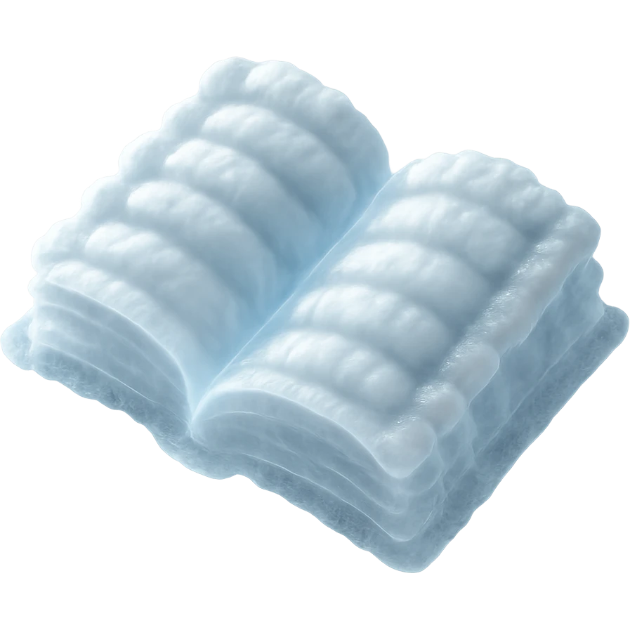 top view of a thick open book made entirely of small, very bright white fluffy convex clouds, matte glass style emoji