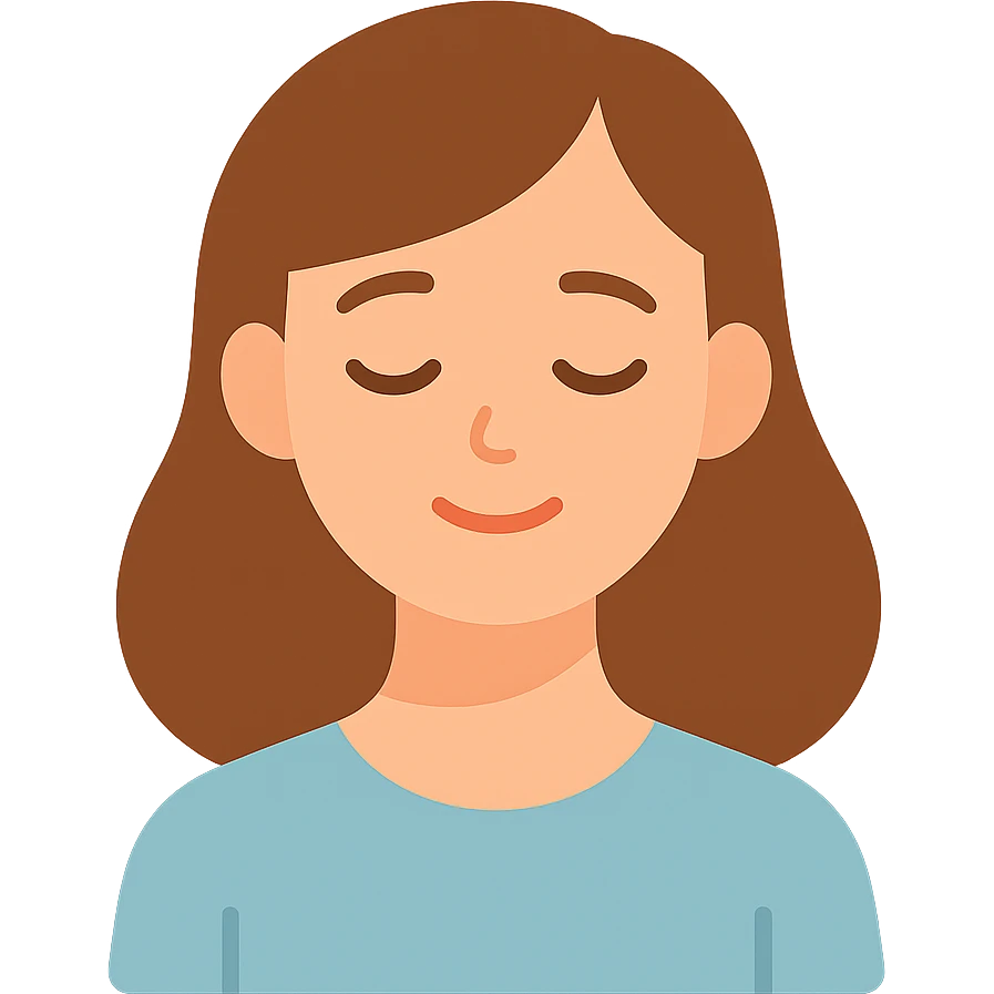 white girl with brown hair, closed eyes, serene expression, head slightly tilted, feeling of peace after tasks, flat colorful style emoji
