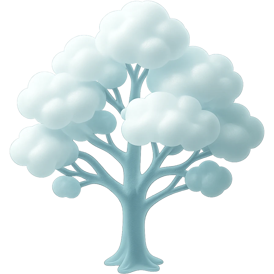 one tree with many branches and a white trunk, crown made of small very bright white fluffy convex clouds, matte glass style emoji